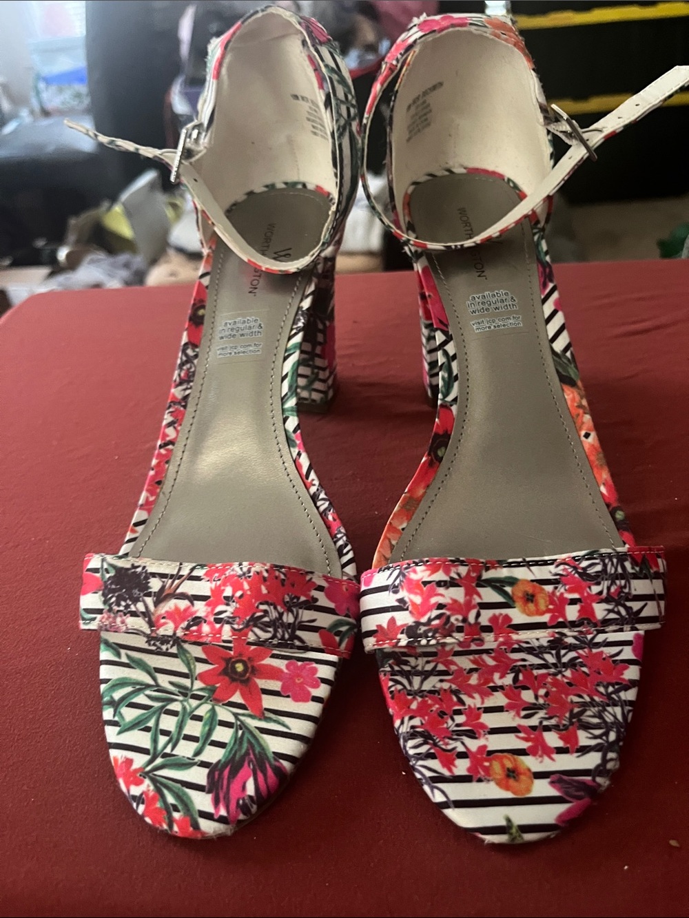 Worthington Floral Stripe Ankle-Strap Block Heel Sandals - Red Pink